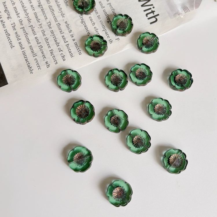 Czech Glass Hawaiian Flower Beads 16mm in Transparent Green with Antique Bronze Matte Finish - DIY Bracelet, Necklace & Earring Supplies, Handmade Jewelry Components