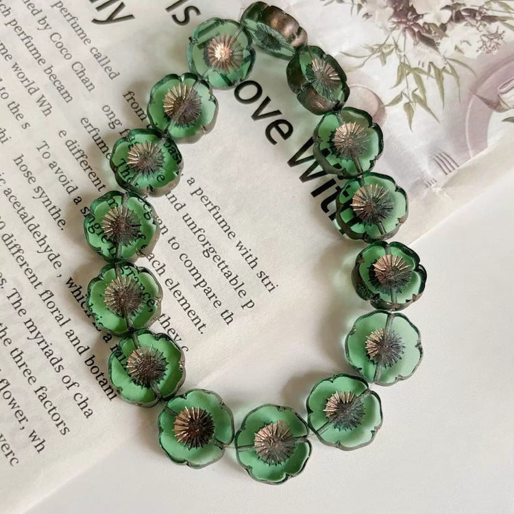 Czech Glass Hawaiian Flower Beads 16mm in Transparent Green with Antique Bronze Matte Finish - DIY Bracelet, Necklace & Earring Supplies, Handmade Jewelry Components