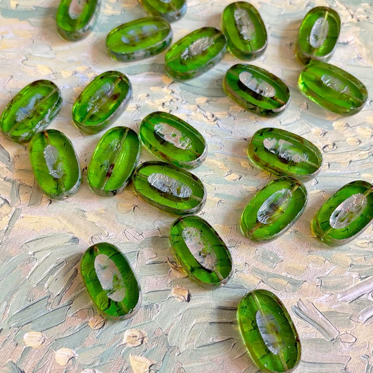 Czech 22x13mm Oval Green Glass Beads with Gold Detailing, Vintage Style for DIY Bracelets, Necklaces, Earrings & Jewelry Accessories