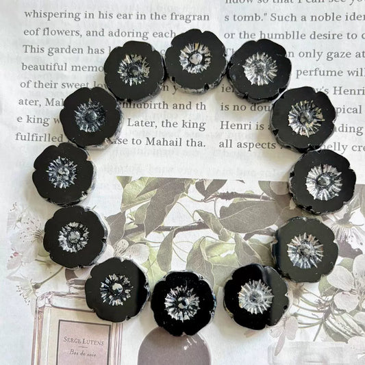 Czech Glass Hawaiian Flower Beads 20mm in Black and Stone Grey - DIY Bracelet, Necklace & Earring Supplies, Handmade Jewelry Components